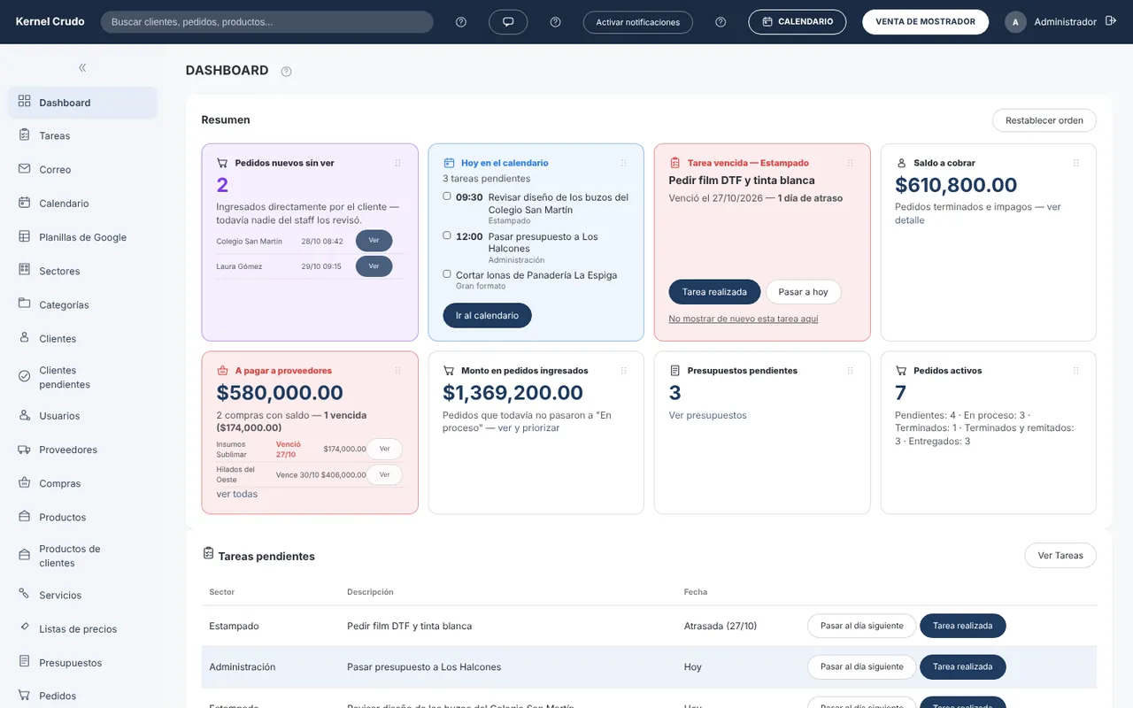 Panel de Kernel Crudo: pedidos nuevos sin ver, lo que hay hoy en el calendario, una tarea vencida, el saldo a cobrar y lo que falta pagar a proveedores