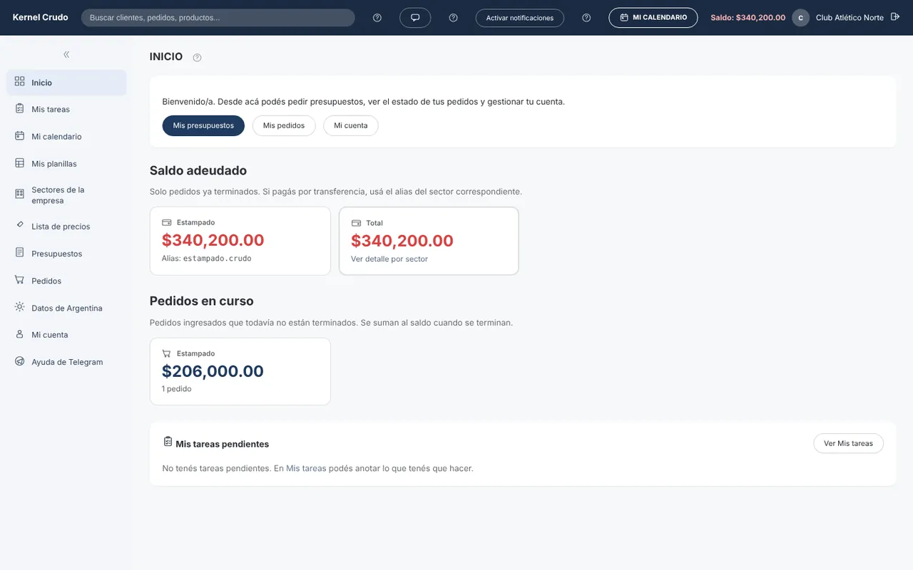 Inicio del portal de un cliente: saldo adeudado con el alias para pagar, pedidos en curso y sus tareas
